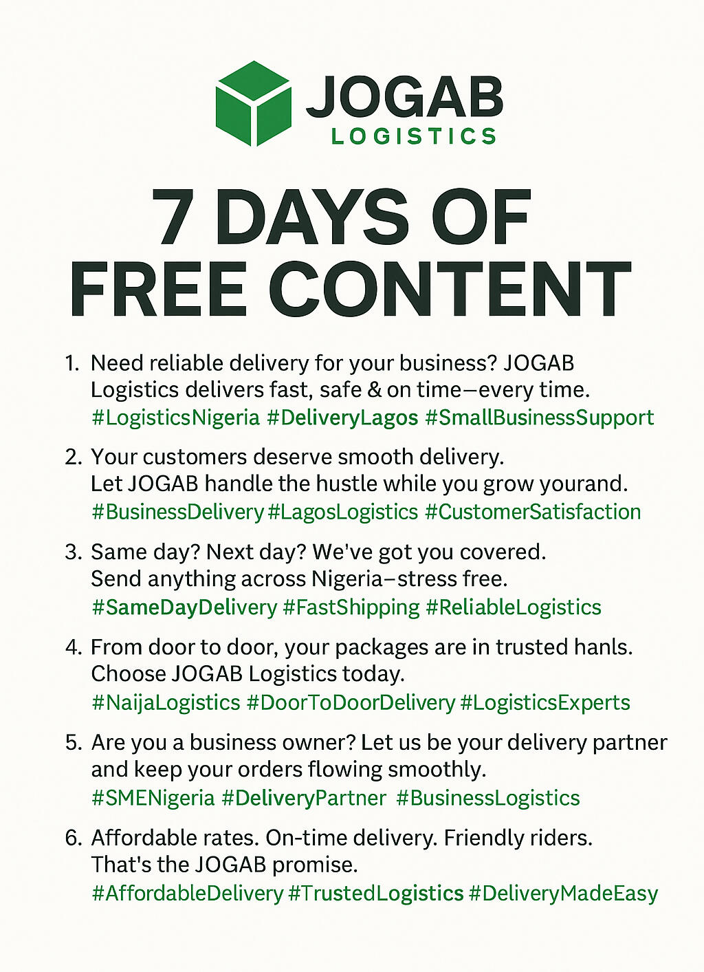 7 days free captions for Jogab logistics